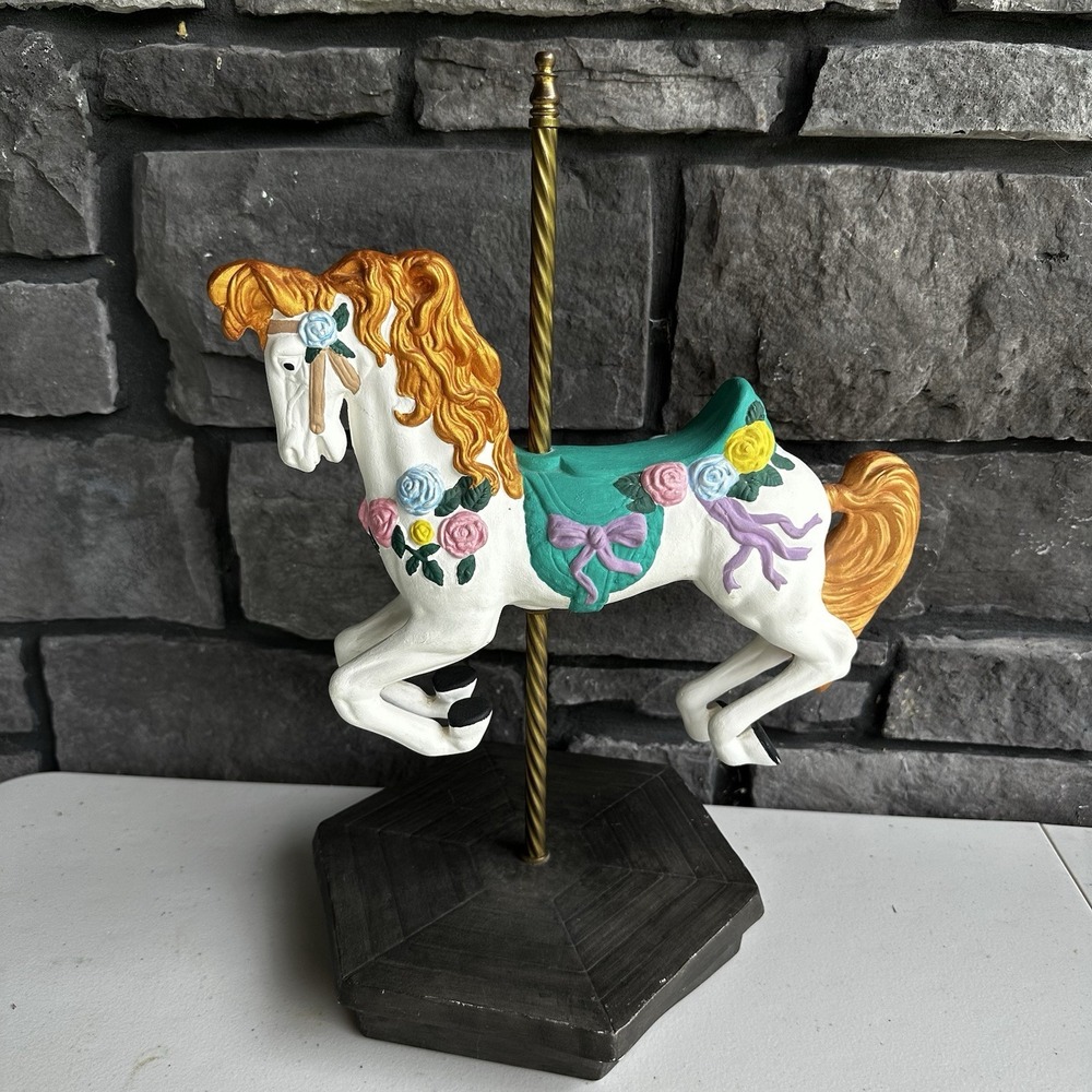 Vintage Whimsical Ceramic Carousel Horse Pony w/ Brass Stand 15" Cottagecore